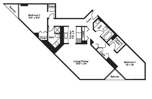 Floor plan for 2 beds, 2 baths, 1040 sqft